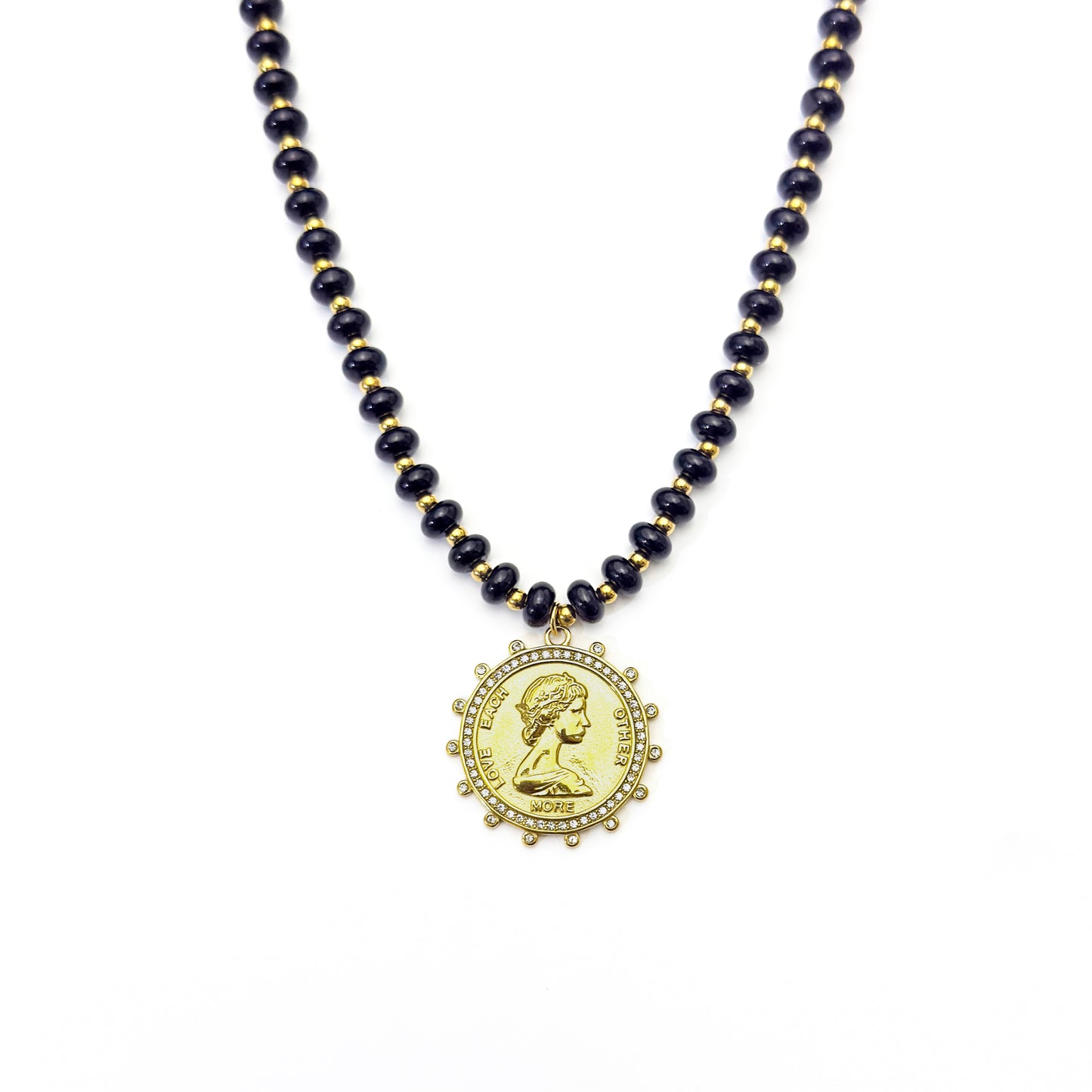 Black Gemstone Coin Necklace Water Resistant