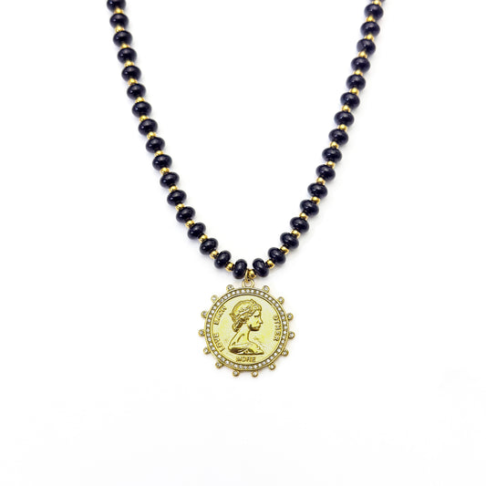 Black Gemstone Coin Necklace Water Resistant