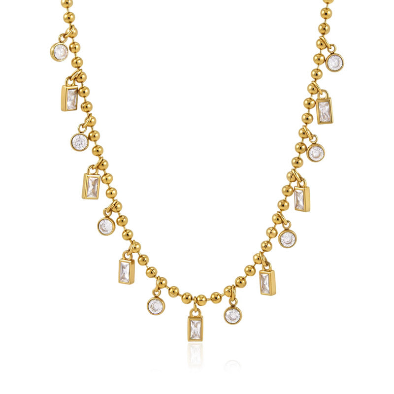 Beaded Bezel Baguette & Round Necklace Water Resistant