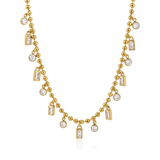 Beaded Bezel Baguette & Round Necklace Water Resistant