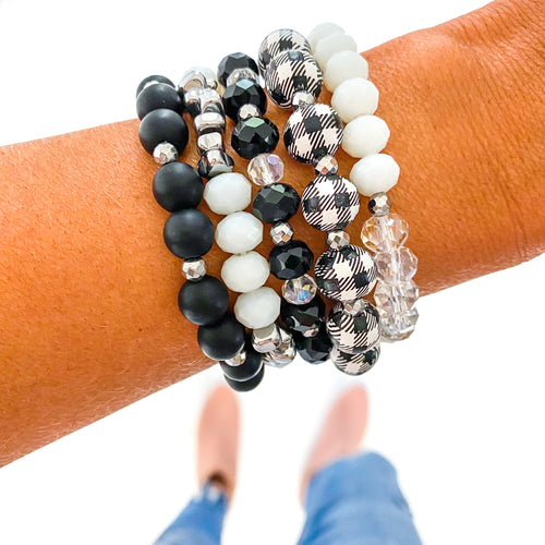 Black Buffalo Plaid with Silver Accent Bracelet Stack