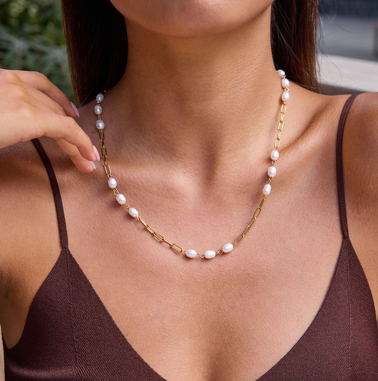 Fresh Water Pear Trio Paperclip Necklace Water Resistant