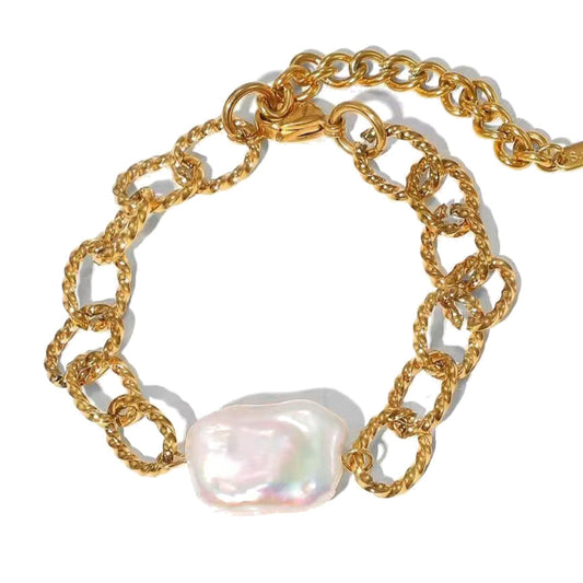 Gold Textured Chain Bracelet Freshwater Pearl Waterproof