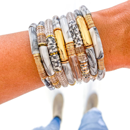 Small White Gray Marble Acrylic Tube Bracelet (8 Pc Set)